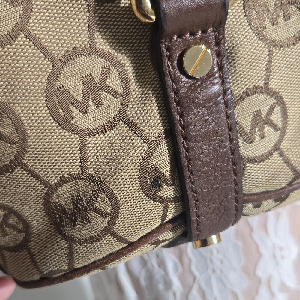 Michael Kors MK Logo Satchel Brown Monogram Bag Gold Tone Flawed/Worn Handles - Picture 8 of 15